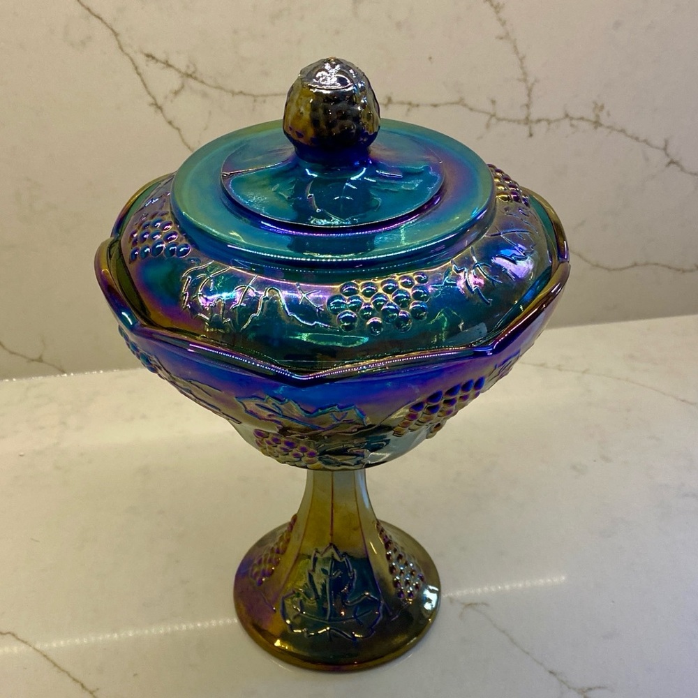 Indiana Glass • Grape Harvest • Iridescent Blue • Compote • Candy Dish